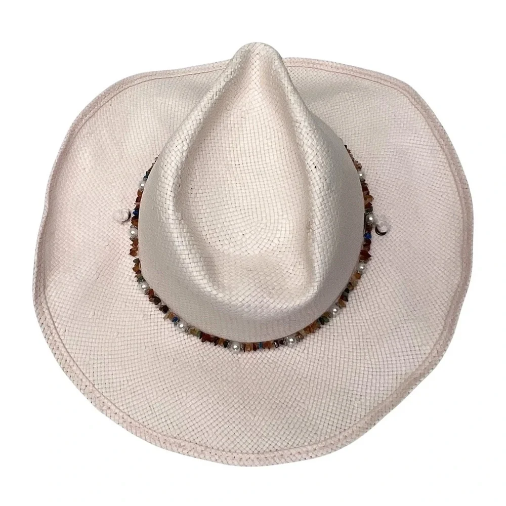 Scala Women's Pink Cowgirl Western Straw Hat Pearls & Stones & Wire Brim Sz S/M